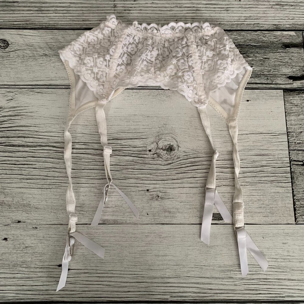 Vintage Garter Belt Med White Lace Adjustable Claws Suspenders Bridal Lingerie